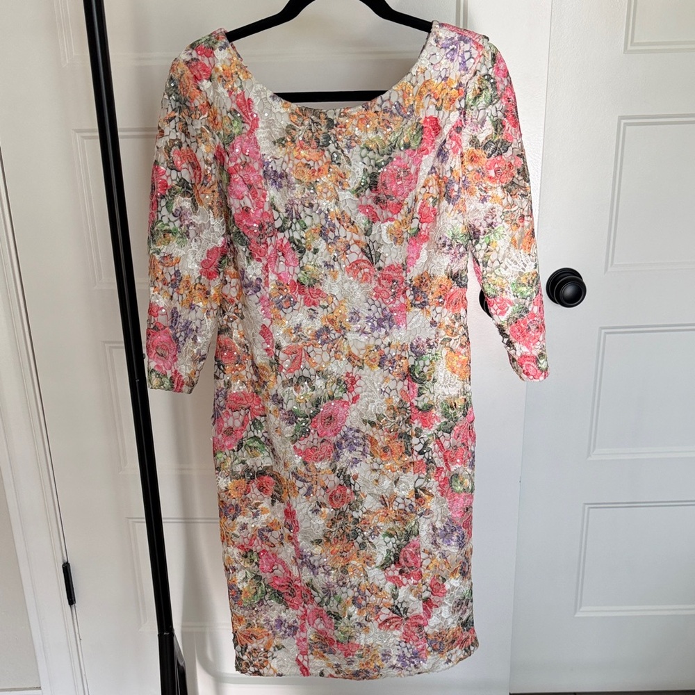 Alex Evenings Floral Lace Cocktail Dress in Pink and Yellow